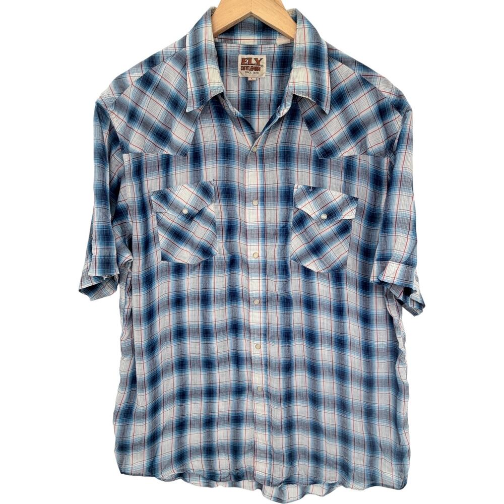 ELY Cattleman Pearl Snap Western Shirt Mens Large Blue Plaid Short Sleeve Cowboy